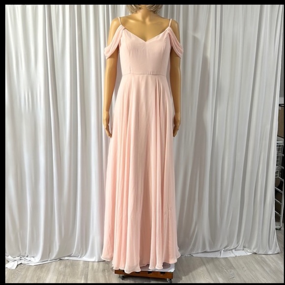 Dessy Group Peach Designer Off Shoulder Bridesmaid Dress Size 8 - Picture 1 of 4